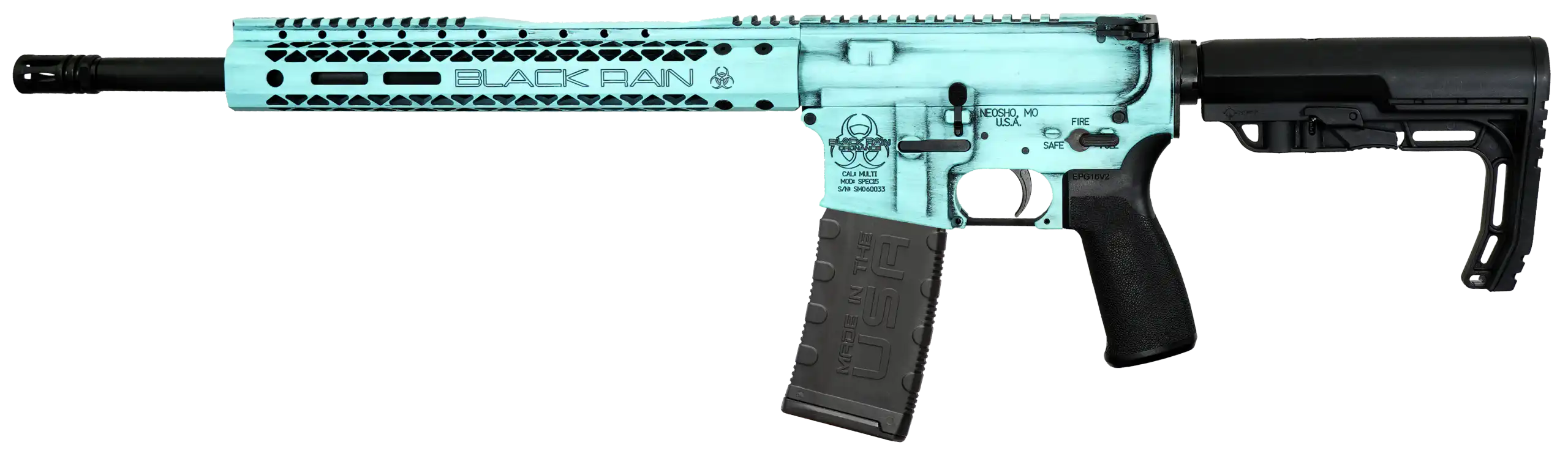 Black Rain Spec+ Fusion 300 BLK Tiffany 16 in. AR-15 – Superb Lightweight Rifle 5 Spec+ Fusion Tiffany Blue Battleworn rifle, left side