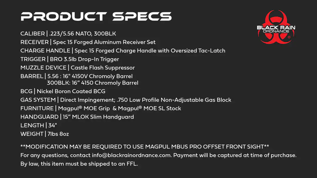 Black Rain SSP 556 Smoke 16 in. 30+1 – Premium AR Rifle 6 Black Rain Spec+ SSP spec card